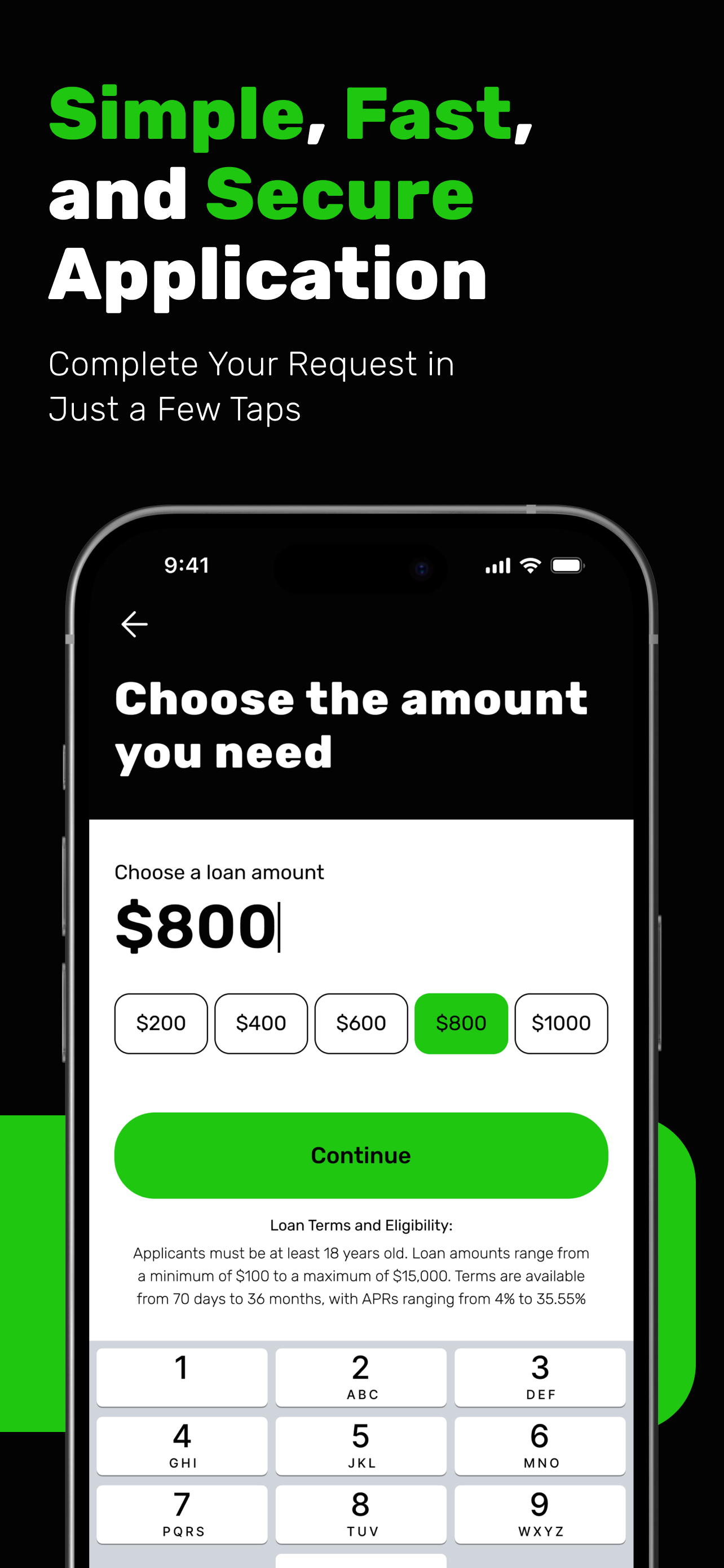 The Loan Lounge, Inc. app: application screen